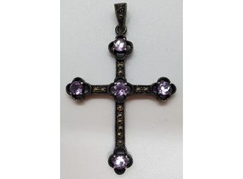 Amazing Large Vintage Sterling Silver Holy Cross With 5 Large Amethysts & Macasite 2 1/2' X 1 5/8'