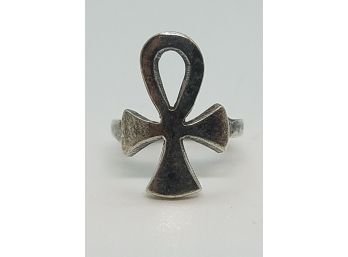 Size 4 Vintage Silver Tone Ankh Cross 'Life' Ring