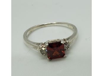 Size 9 Vintage Sterling Silver Ring With Red Glass Stone And Rhinestones On The Sides