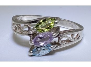 Vintage Size 7 Sterling Silver Ring With Topaz, Emerald & Amethyst Stones