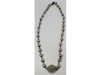 Great Vintage 16' Sterling Silver Necklace With Quartz And Abalone Shell