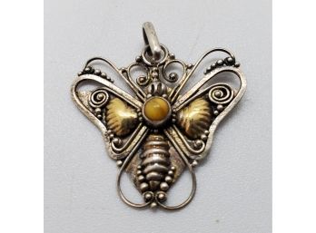 Extraordinary Vintage Sterling Silver Raised Victorian Style Butterfly Pendant With Quartz