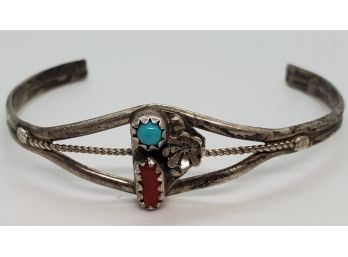 Beautiful Vintage Sterling Silver Southwest Bracelet With Red And Blue Turquoise