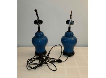 2 Ceramic Lamps, No Shades, Different Finials