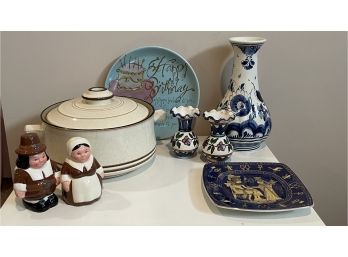 Lot Of Delft Vase, Pilgrim Salt & Pepper Shakers, Denby Serving Dish Etc