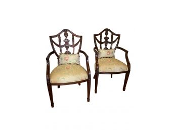 Antique Handwoven  Silk Upholstered Side Chairs With 2 Small Cushions Pair