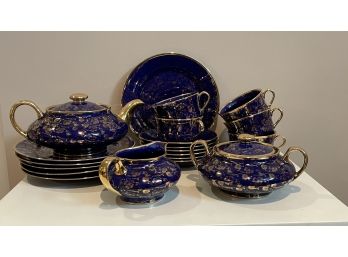 Tea Set Hand Painted Genuine Royal Under Glass Mazarine Blue & Gold