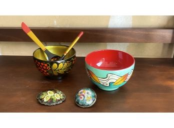 Lot Of Decorative Bowls & Signed Hand Painted Pins