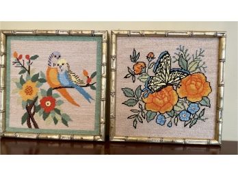 Petit Point Needle Point Butterflies & Birds Pair