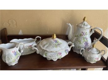 Mitterteich Bavaria  Tureen, Tea Pot, Sugar Creamer & Gravy Boat Lilac Pattern Made In Germany