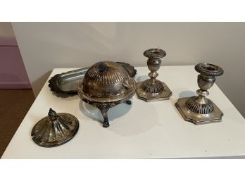 Pair Of Sterling Weighted Candlesticks  & Silver-plate Serving Pieces Butter Dish, Small Relish Tray Etc.