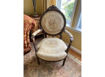 Antique  European Carved  Wood Needlepoint Seat Chair