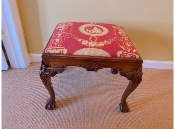 Vintage Carved Wood Upholstered Bench.