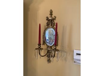 Brass Candlestick  Mirror Wall Sconce With Crystal Prisms Pair