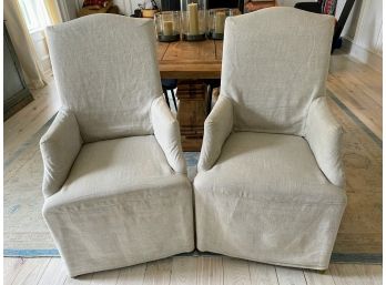 Pair Of Linen Slipcovered Dining Armchairs By Restoration Hardware