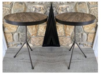 Pair Of Reclaimed Wood  And Metal Side Tables By Restoration Hardware