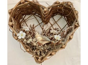 Heart Shaped Grape Vine Basket With Flower Design And A Bird.