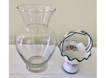 Pretty Basket Design Vase Hand Painted And Made In Portugal Along With Clear Glass Vase.