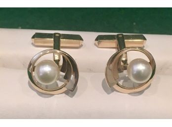 14K Gold Cufflinks With Pearls, 6.87 Grams, Professionally Polished