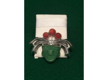 Sterling Silver Brooch With Green And Red Stone, 18 Grams