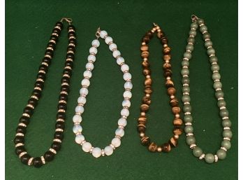 Group Of 4 Beaded Necklaces, Excellent Condition, Possibly Moonstone, Jade, And Tigers Eye