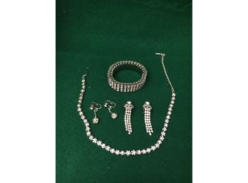 Rhinestone Jewelry Lot Including Bracelet, Necklace, And 2 Pairs Of Earrings