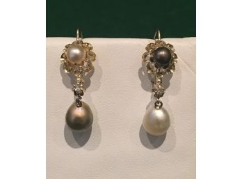 14K Gold And Genuine Pearl Earrings, Fantastic Alternating Colors, A True Designer Piece, 4.16 Grams, Polished