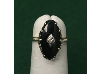 10K Gold Ring With Black Onyx And Center Diamond, Size 5, 2.65 Grams, Professionally Polished