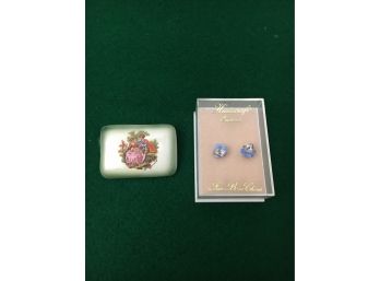 2 Pieces Of Porcelain Jewelry Including Healacraft Earrings And Fragonard Brooch