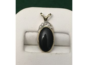 14K Gold Pendant With Black Onyx And 5 Diamonds, 1.51 Grams, Professionally Polished