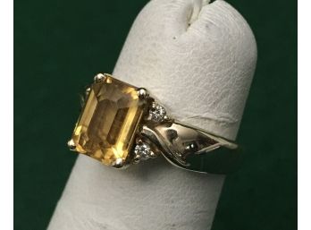 14K Gold Ring With Citrine And Accented By 4 Diamonds, Size 5.5, 4.85 Grams, Professionally Polished