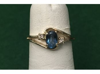 14K Gold Ring With Aquamarine And Accented By 2 Diamonds, Size 5.5, 2.24 Grams, Professionally Polished