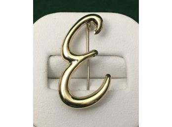 18K Brooch Of Cursive 'E', 1.34 Grams, Professionally Polished