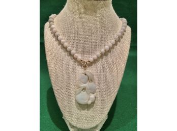 Important Antique Chinese White Jade And 14K Gold Carved Pendant On Jade Bead Necklace, Exceptional Piece