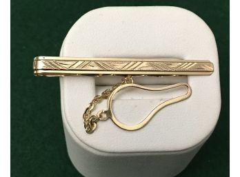 18K Gold Tie Clip With Button Safety Chain, 3.43 Grams, Professionally Polished