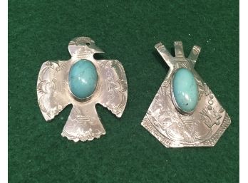 Pair Of Sterling Silver And Turquoise Brooches, 16 Grams