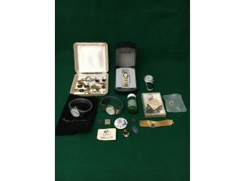 Lot Of Mens Cufflinks, Watches, Emblems, And Misc Items And Rainier Watch Carabiner