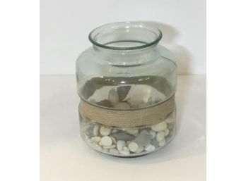 Decorative Glass Round Cylinder, Rocks, Rope Banding