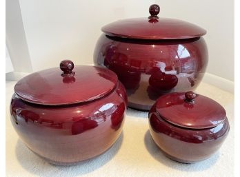 Red Lacquer Made In Vietnam Planter Pots With Lids (Set Of Three)