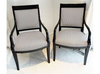 Black Lacquer Upholstered Pinstripe Chairs (Pair)