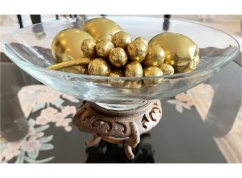 Faux Gold Fruit In Glass Bowl On Vintage Asian Wooden Stand