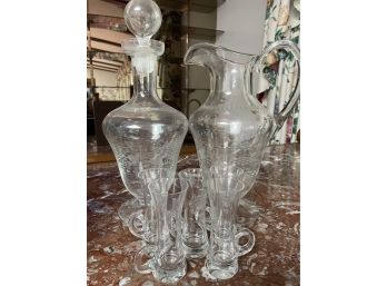 Crystal Decanter, Pitcher And Cordial Glasses
