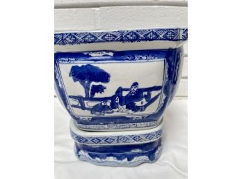 Blue And White Planter & Stand