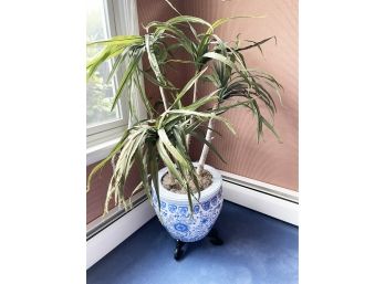 Large Faux Plant In Blue/White Asian Planter With Base
