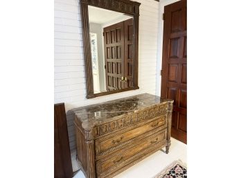 Beautifully Carved Wooden Dresser With Marble Top And Matching Empire-style Mirror