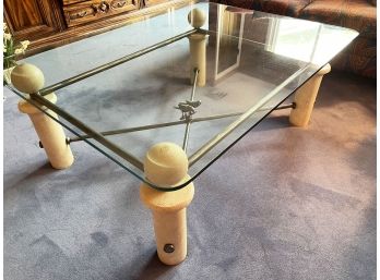 Giacometti Style Coffee Table With Thick Glass Top Raised On Four Column Base With X Stretcher With 2 Birds