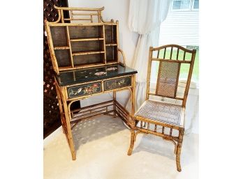 Vintage Bamboo Hand Painted Desk And Chair