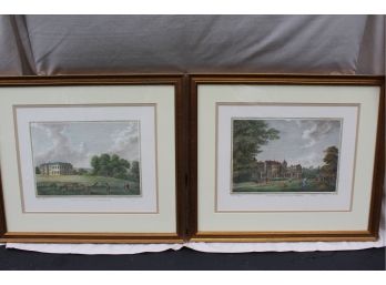 2 English Prints Group 2 'Holland House In Middlesex' & Lartington In Yorkshire' By Printmaker Thomas Day