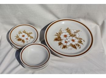 12 Piece Vintage Stoneware Plates & Bowls Hand-painted From Japan -mountain Wood Collection