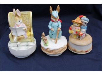 3 Music Boxes/spinners 2 Rare-Beatrix Potter & 1 Cat Family By Schmid